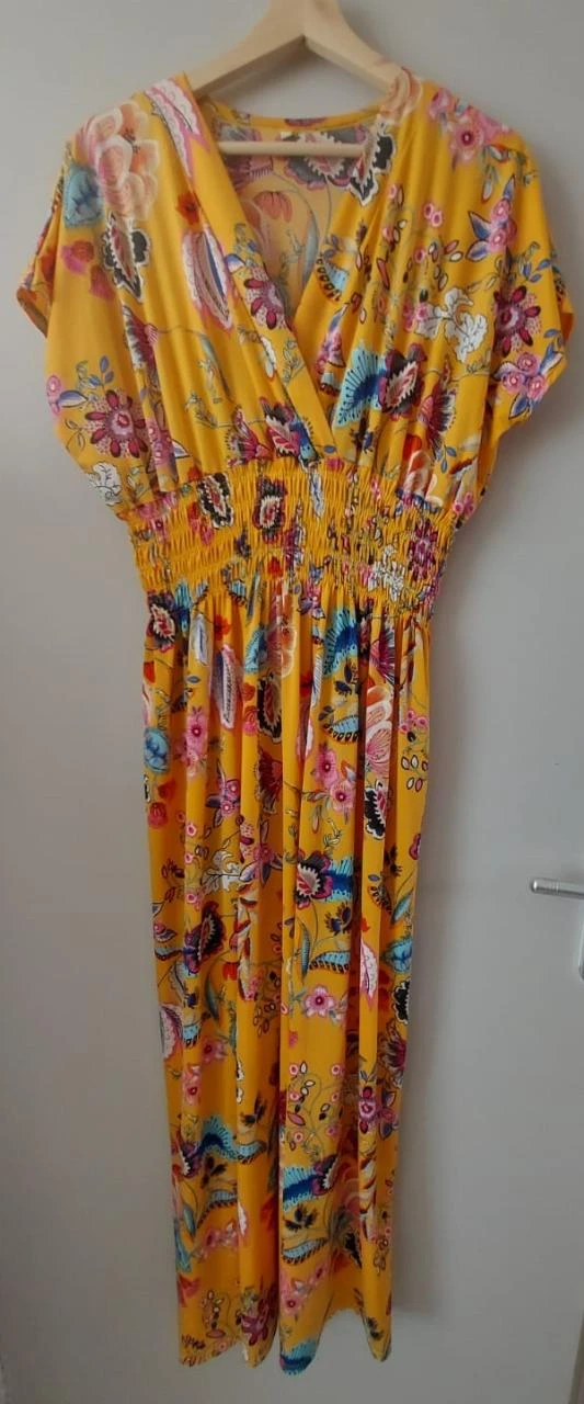 Zomerse Gele Bloemenjurk met Elastische Taille, maat L/XL